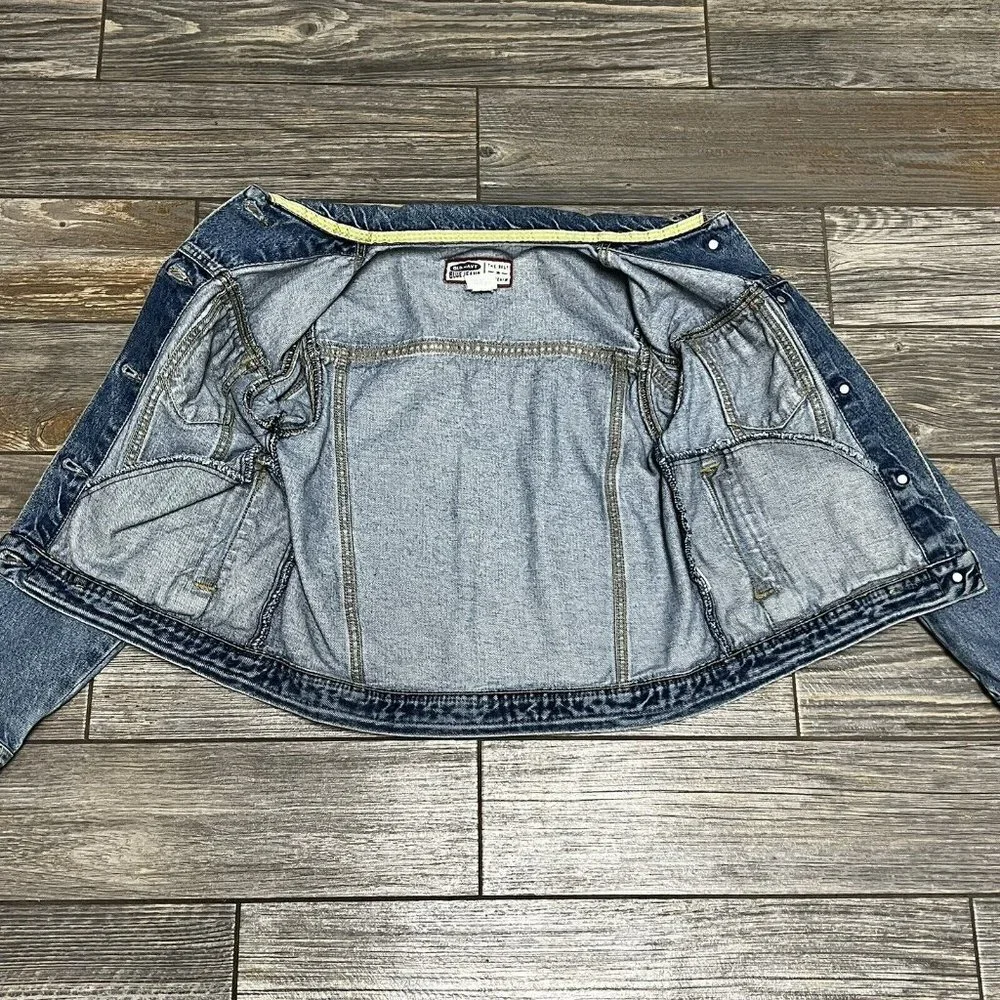 Old Navy Y2K Denim Jean Jacket Girls Size 12 Medium Embroidery Flowers 2000 Vtg